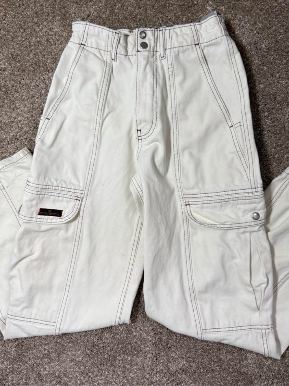 BDG White Cargo Pants with Dark Contrast Stitching